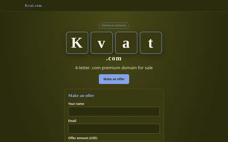 Screenshot of the Kvat.com domain sale page